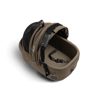 small pet carrier with open canopy and leash