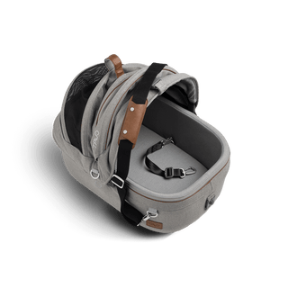small pet carrier with open canopy and leash