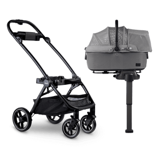 side view of gray medium pet car seat with all-mesh fabric on base with extended load leg and side impact protection next to pet stroller