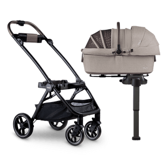 side view of beige large pet car seat on base with extended load leg and side impact protection next to pet stroller